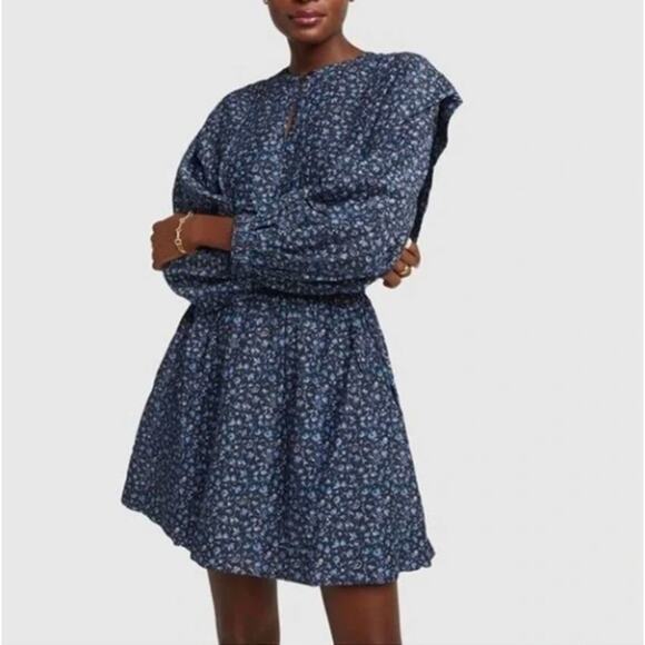 APIECE APART Olga Cotton Mini Dress Blue Floral Cottagecore Sz M {3D48} - Picture 1 of 7